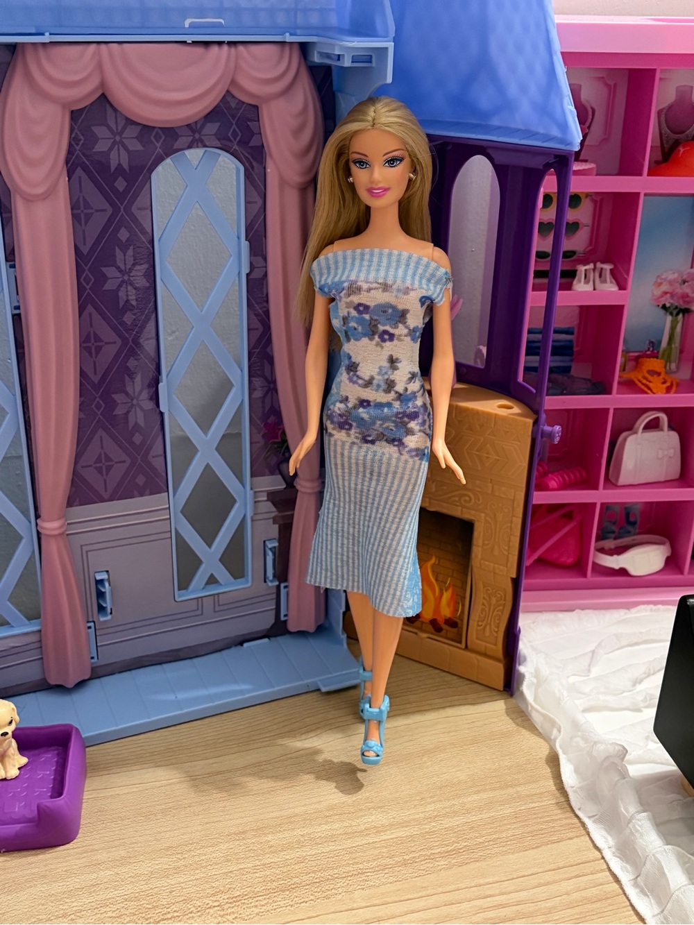 Barbie Blue Floral Knit Off-Shoulder Midi Dress